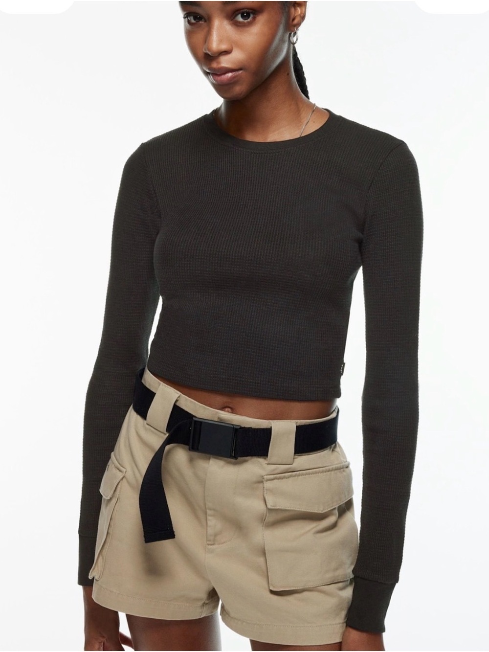 TNA Glendale Cropped  Waffle Long-Sleeve Top in Black